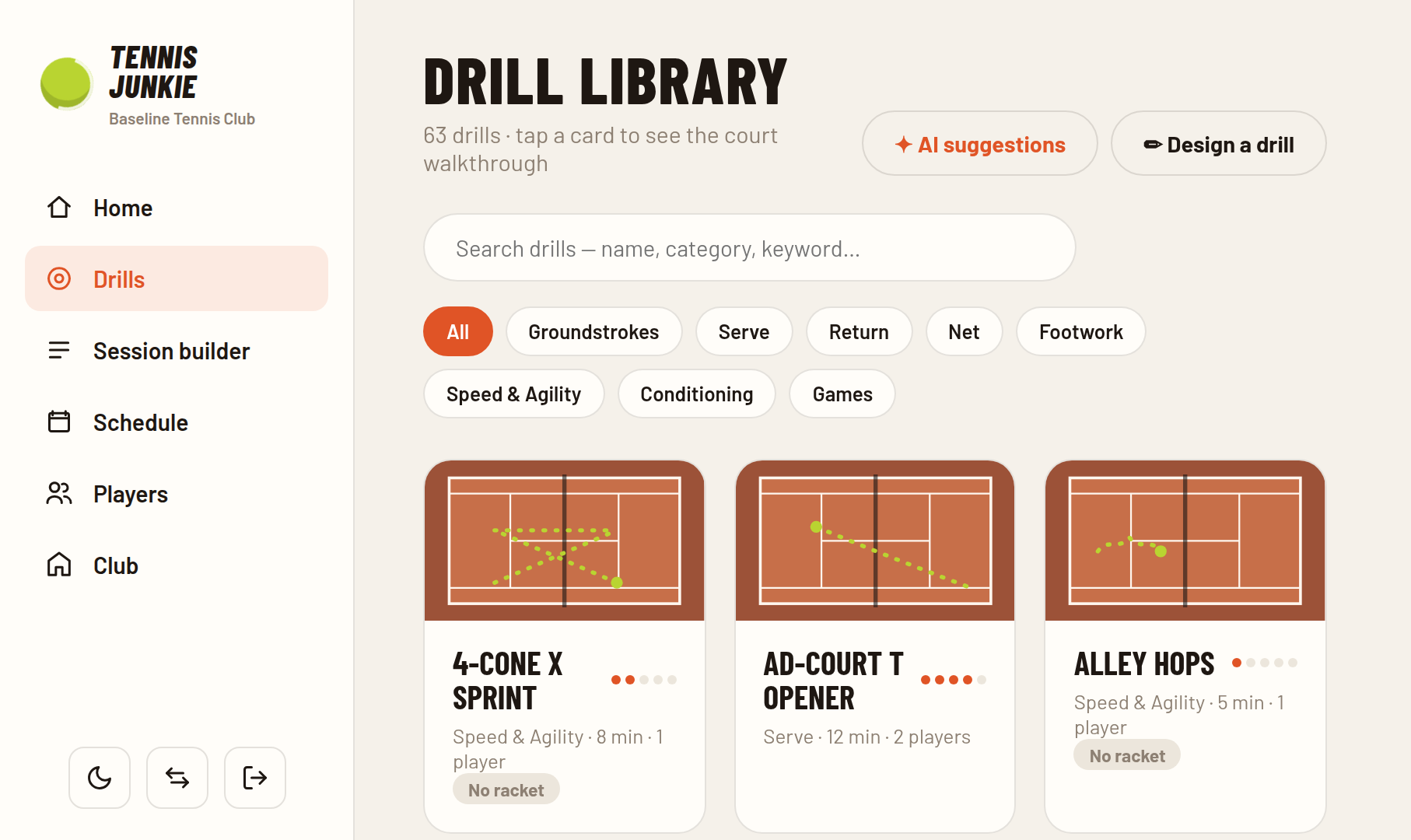 Coach app drill library with court-diagram thumbnails