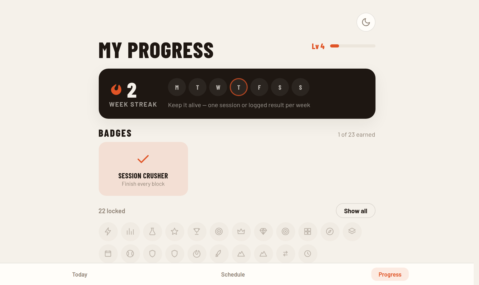 Player app progress view with week streak, badges and level